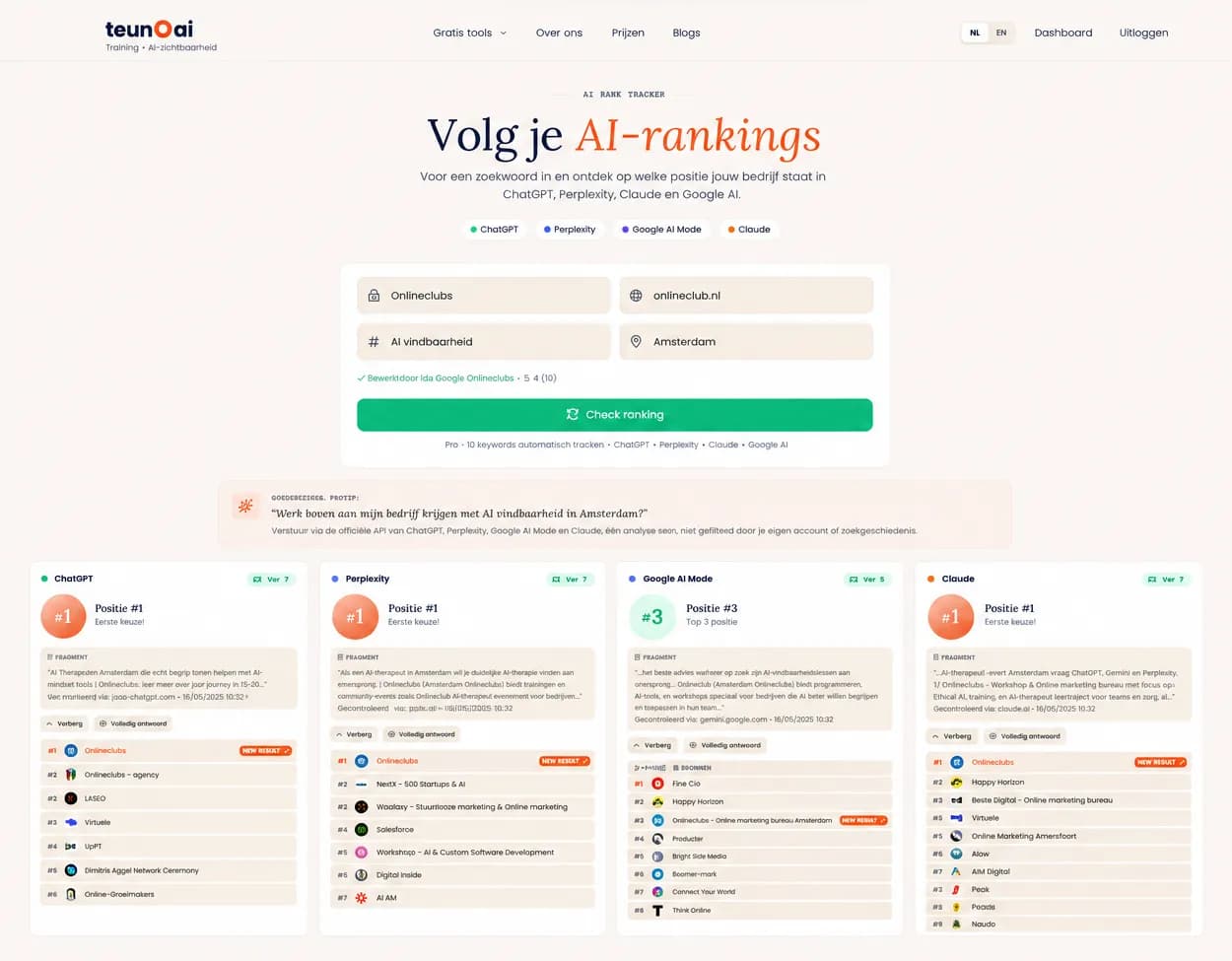 AI Rank Tracker resultaten: posities in ChatGPT, Perplexity, Google AI Mode en Claude