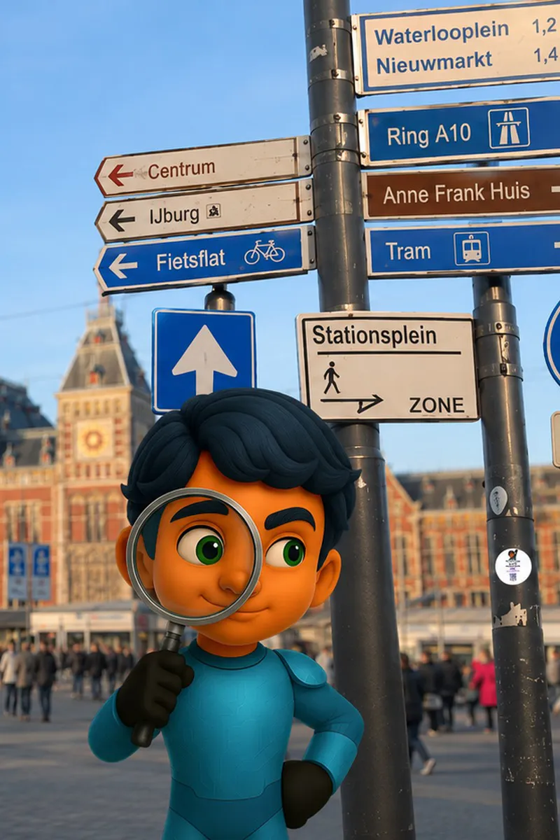 Teun met vergrootglas naast wirwar van richtingsborden in Amsterdam