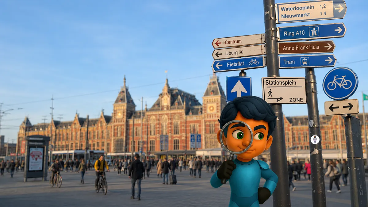 Teun met vergrootglas bij Amsterdam Centraal omringd door verkeersborden die alle kanten op wijzen