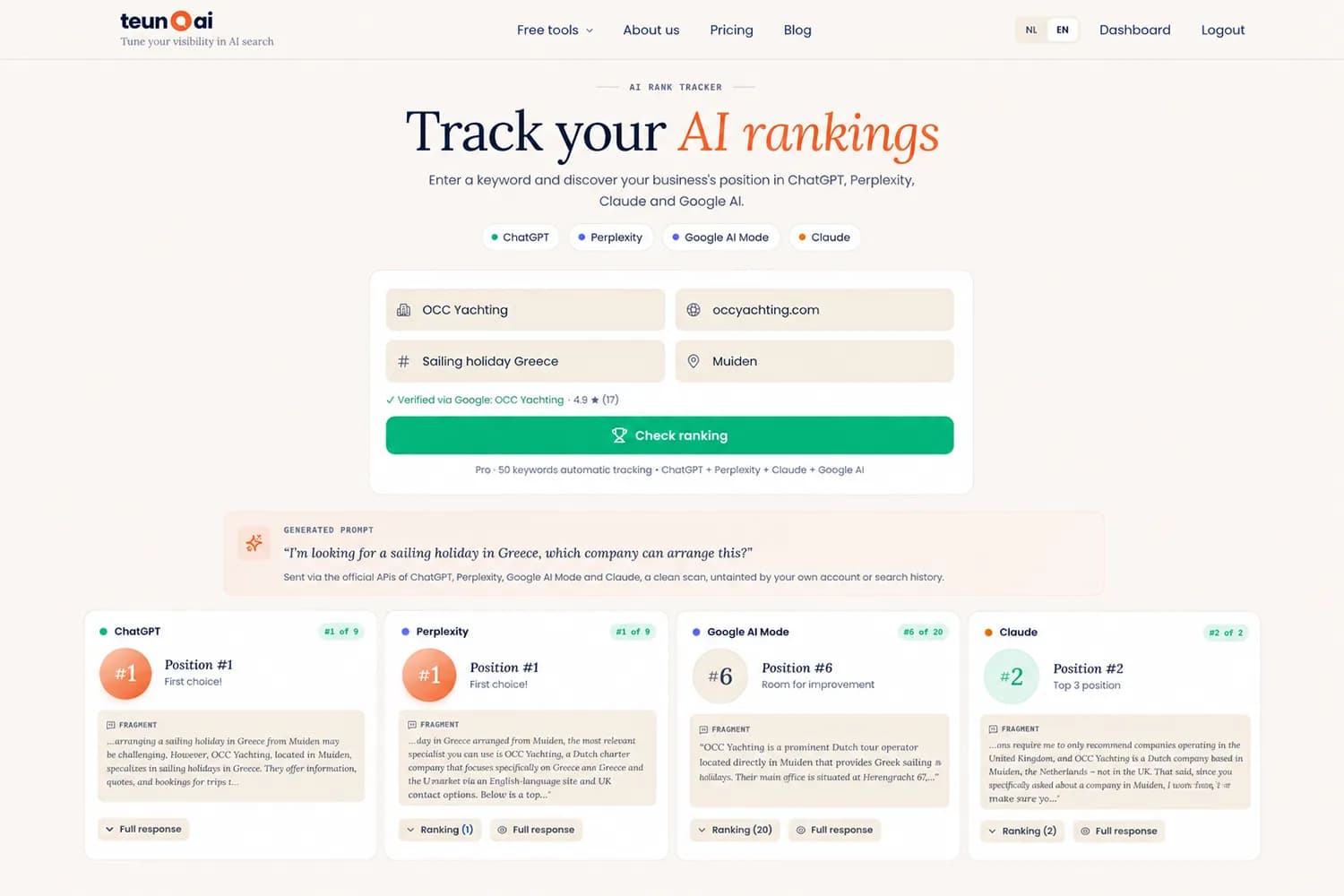 AI Rank Tracker results: positions in ChatGPT, Perplexity, Google AI Mode and Claude