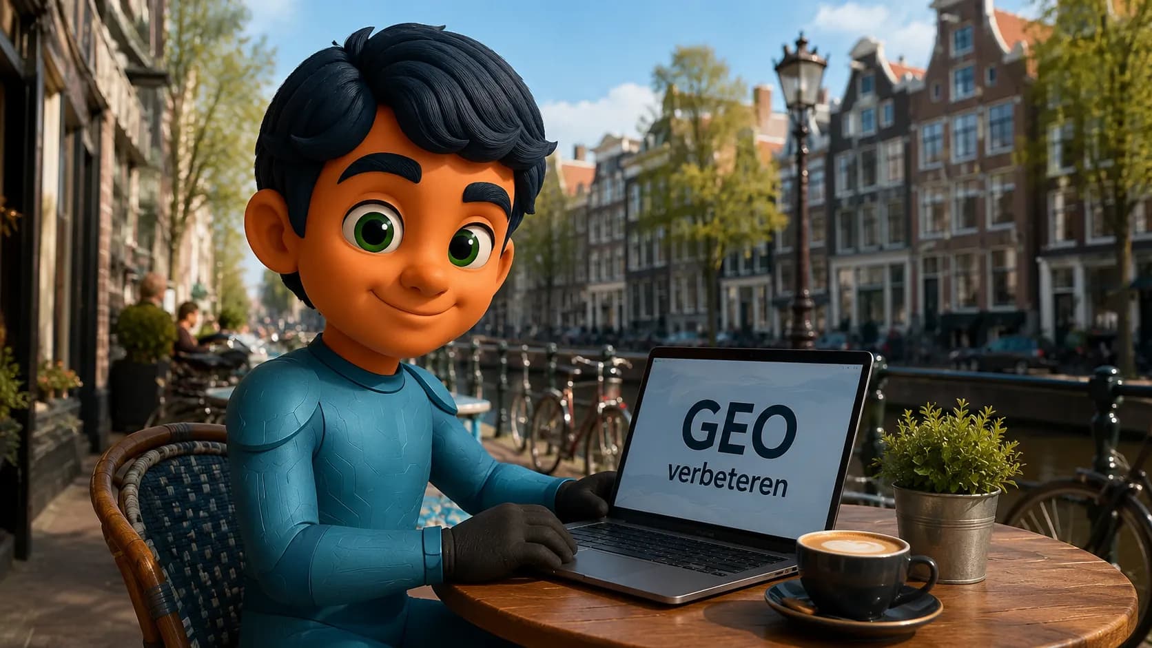 GEO verbeteren: Teun werkt op laptop aan een Amsterdamse gracht